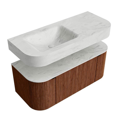 MONDIAZ THOR-DLUX 110cm meuble de salle de bains arrondi gauche + droite couleur Ruby avec 1 tiroir et 2 portes. Vasque suspendue CLOUD Gauche sans trou de robinet couleur Opalo. SW1462871