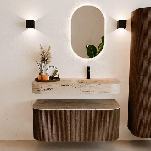 MONDIAZ THOR-DLUX 110cm badmeubel ronding links + rechts kleur Walnut met 1 lade en 2 deuren. Vrijhangende wastafel CLOUD Rechts 1 kraangat kleur Arena. SW1462707
