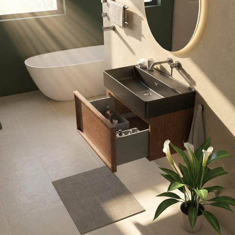 Saniclass Holz Frame Badkamermeubelset - 80x45x52cm - Legend keramische wastafel mat zwart - 1 wasbak - zonder kraangat - 1 lade - mat walnut pure (hout) SW1579679