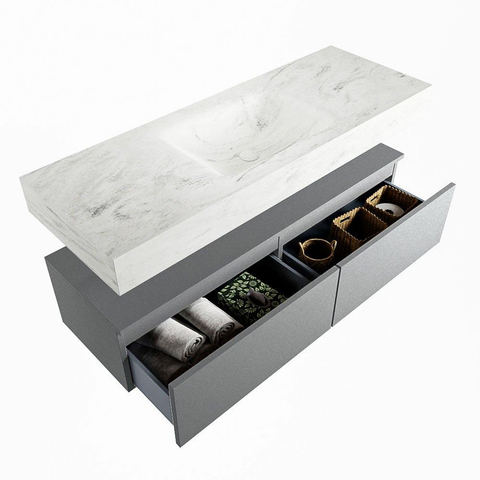 Mondiaz ALAN-DLUX Ensemble de meuble - 130cm - meuble Plata mat - 2 tiroirs - Lavabo Cloud Opalo suspendu - vasque Centre - 0 trous de robinet SW807206