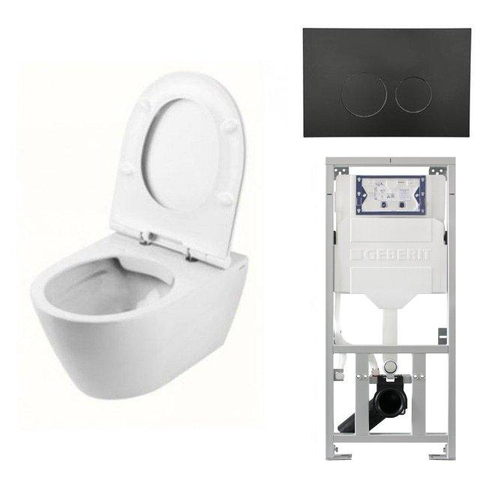 QeramiQ Salina Spoelrandloos toiletset - inclusief toiletzitting inbouwreservoir en mat zwart bedieningspaneel - wit SW228055