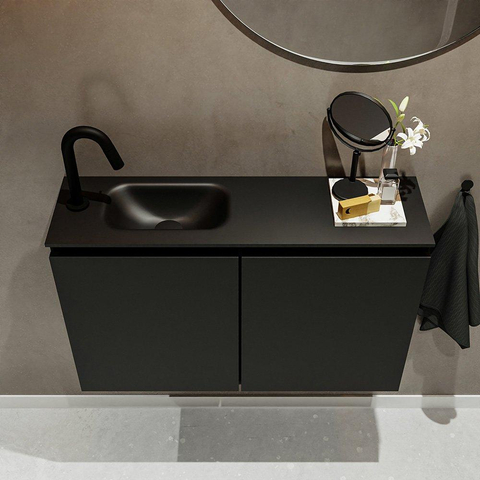 MONDIAZ TURE Kit lave-mains - 80x23x50cm - 1 trou de robinet - 2 portes - urban mat - Lavabo à gauche - Solid Surface Noir SW475257