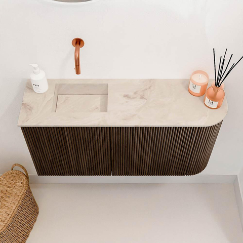 Mondiaz JOYA-DLUX 81.6cm toiletmeubel - ronding rechts kleur Walnut - Wastafel FAYE positie Links Zonder kraangat kleur Frappe. SW1422321
