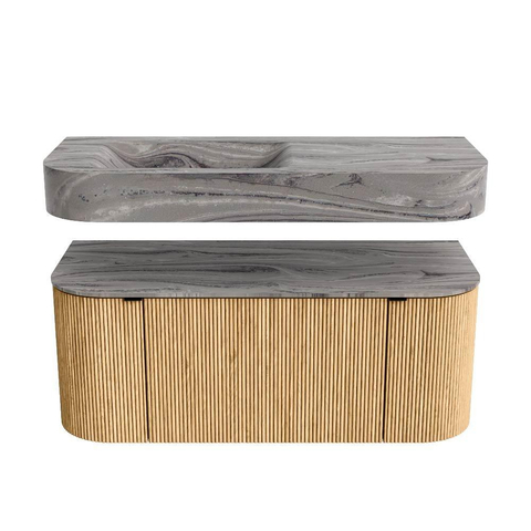 MONDIAZ THOR-DLUX 110cm badmeubel ronding links + rechts kleur Oak met 1 lade en 2 deuren. Vrijhangende wastafel CLOUD Links 1 kraangat kleur Sombra. SW1463105