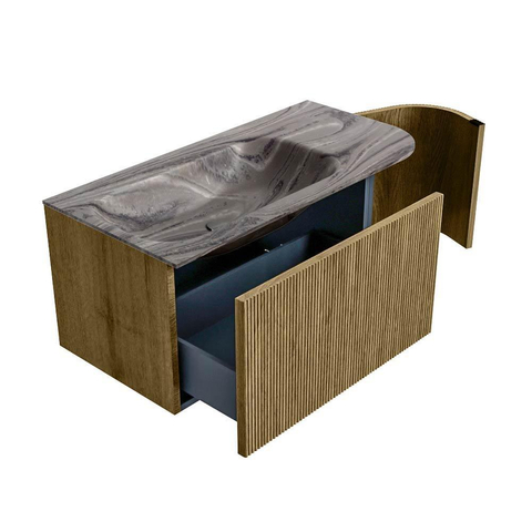 MONDIAZ KURVE-DLUX Meuble de salle de bains 95cm arrondi à droite couleur Dusk avec 1 tiroir et 1 porte. Lavabo BIG SMALL gauche sans trou de robinet Sombra. SW1433832