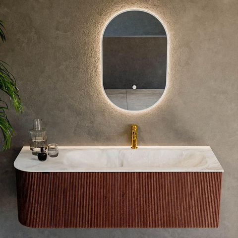 Mondiaz KURVE-DLUX Ensemble de meubles de salle de bains - 135x46x40cm - 1 tiroir - 1 porte - lavabo solid surface - droit - 1 trou de robinet - Ruby SW1415660
