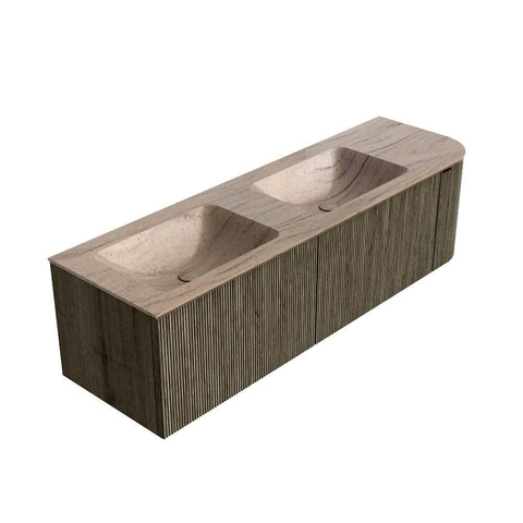 MONDIAZ KURVE-DLUX 155cm meuble de salle de bains arrondi Droite couleur Shadow avec 2 tiroirs et 1 porte. Lavabo LEAF Double / Gauche 2 trous de robinet Saba. SW1433286