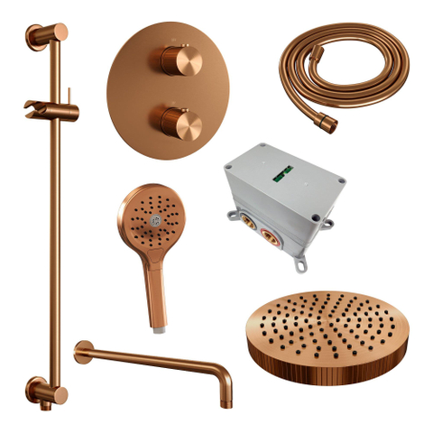 BRAUER Stripe Thermostatische Inbouw Regendouche - 3-weg - rond - 25cm douchekop - gebogen muurarm - 3-standen handdouche - doucheslang - geïntegreerde glijstang - koper geborsteld PVD SW1435216