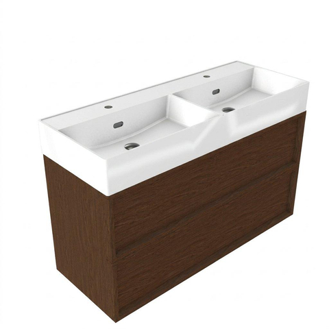 Saniclass Holz Frame Badkamermeubelset - 120x45x72cm - Legend keramische wastafel wit - 2 wasbakken - 2 kraangaten - 2 lades - mat walnut pure (hout) SW1579895