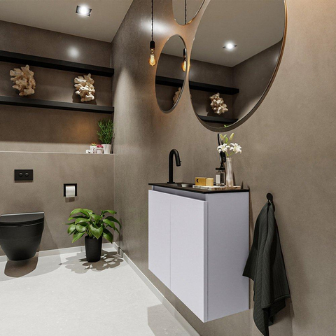 MONDIAZ TURE Toiletmeubel 60x23x50cm met 1 kraangaten 2 deuren cale mat Wastafel Eden links Solid Surface Zwart SW475473