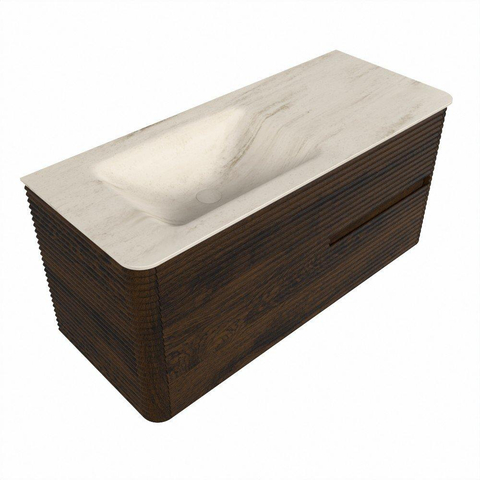 Mondiaz CIRO-DLUX Badkamermeubelset - 110x45x50cm - Solid surface wastafel Meli - 1 wasbak Links - zonder kraangaten - 2 lades - Walnut SW1530494