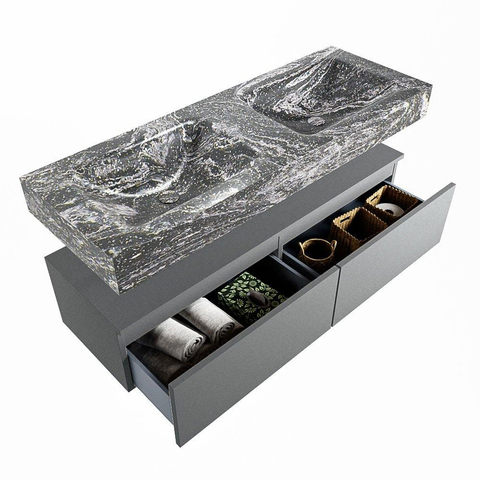 Mondiaz ALAN-DLUX Ensemble de meuble - 130cm - meuble Plata mat - 2 tiroirs - Lavabo Cloud Lava suspendu - vasque Gauche et droite - 0 trous de robinet SW808688