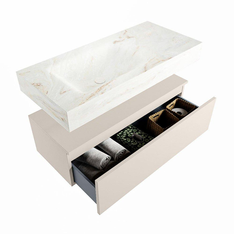 Mondiaz ALAN-DLUX Ensemble de meuble - 100cm - meuble Linen mat - 1 tiroir - Lavabo Cloud Frappe suspendu - vasque Gauche - 0 trous de robinet SW805386