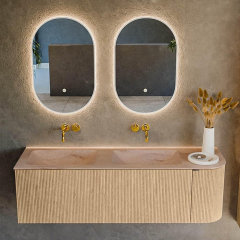 MONDIAZ KURVE-DLUX 145cm meuble de salle de bains arrondi Droite couleur Chêne avec 1 tiroir et 1 porte. Lavabo LEAF Double / Gauche sans trou de robinet Saba. SW1433101