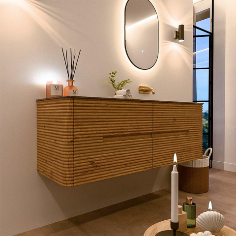 Mondiaz CIRO-DLUX Meuble de salle de bains - 140x45x50cm - Plan vasque solid surface Oza - 1 lavabo à droite - sans trous de robinet - 4 tiroirs - Chêne SW1531130