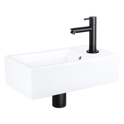 Differnz Force Set lave-mains 40x22x8cm 1 trou avec robinet droit et siphon + bonde noir mat Rectangulaire Céramique Blanc SW373205
