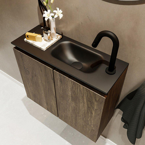 MONDIAZ TURE Toiletmeubel 60x23x50cm met 1 kraangaten 2 deuren dark brown mat Wastafel Eden rechts Solid Surface Zwart SW475533