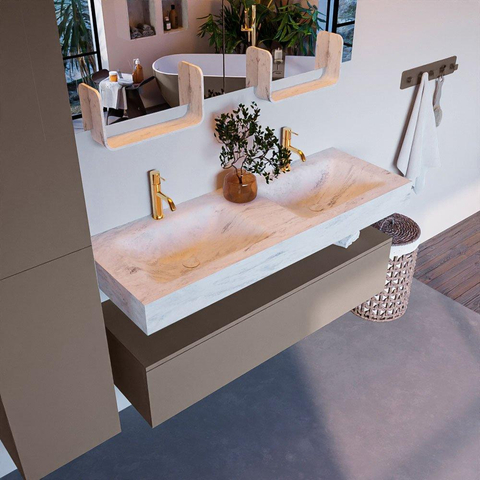 Mondiaz ALAN-DLUX Ensemble de meuble - 130cm - meuble Smoke mat - 1 tiroir - Lavabo Cloud Opalo suspendu - vasque Gauche et droite - 2 trous de robinet SW806394