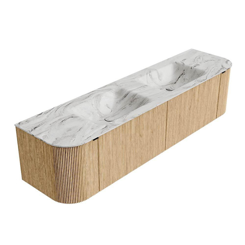 MONDIAZ KURVE-DLUX meuble de salle de bains 180 cm avec module 25 Len R couleur Chêne avec 2 tiroirs et 2 portes. Lavabo LEAF double 2 trous de robinet couleur Glace. SW1137988