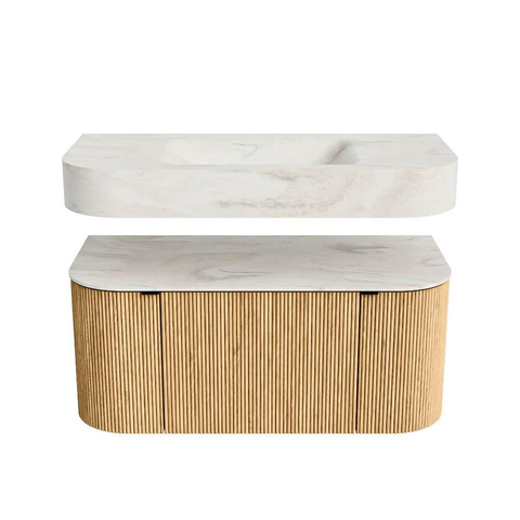 MONDIAZ THOR-DLUX 100cm badmeubel ronding links + rechts kleur Oak met 1 lade en 2 deuren. Vrijhangende wastafel CLOUD Midden zonder kraangat kleur Ostra. SW1467323