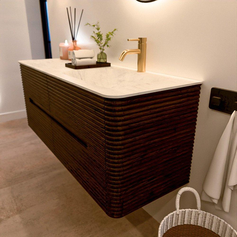 Mondiaz CIRO-DLUX Badkamermeubelset - 130x45x50cm - Solid surface wastafel Opalo - 1 wasbak Rechts - 1 kraangat - 4 lades - Walnut SW1530510