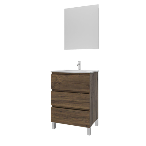 Saniclass Chaci PLUS Meuble de salle de bain - 60x86x46cm - lavabo en céramique blanc - 1 vasque - 1 trou de robinet - 3 tiroirs - miroir rectangulaire - noyer (hout) SW926026