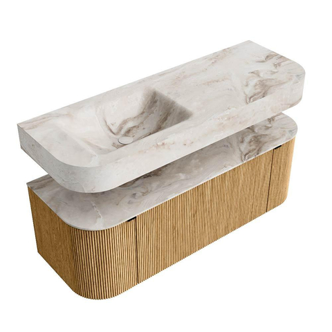 MONDIAZ THOR-DLUX 130cm badmeubel ronding links + rechts kleur Oak met 1 lade en 2 deuren. Vrijhangende wastafel CLOUD Links 1 kraangat kleur Frappe. SW1463540