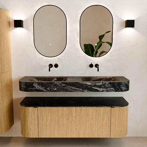 MONDIAZ THOR-DLUX 140cm meuble de salle de bains arrondi gauche + droite couleur Oak avec 1 tiroir et 2 portes. Vasque suspendue CLOUD Double sans trou de robinet couleur Lava. SW1463962