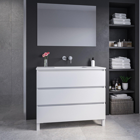Saniclass Chaci PLUS Meuble de salle de bain - 100x86x46cm - lavabo en céramique blanc - 1 vasque - sans trous de robinet - 3 tiroirs - miroir rectangulaire - blanc mat SW1027212