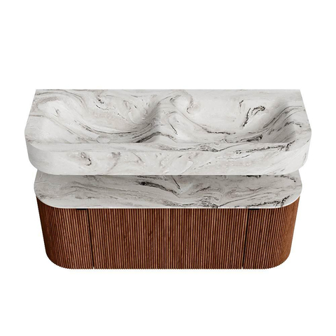 MONDIAZ THOR-DLUX 120cm meuble de salle de bains arrondi gauche + droite couleur Ruby avec 1 tiroir et 2 portes. Vasque suspendue CLOUD Double sans trou de robinet couleur Glace. SW1463094
