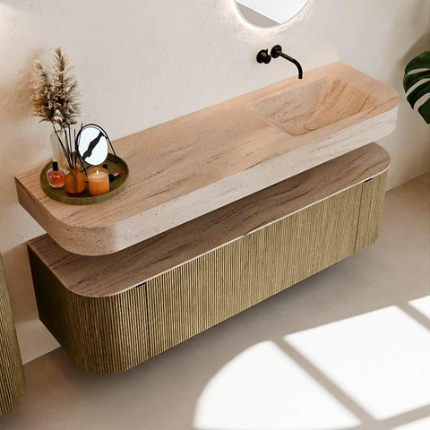 MONDIAZ THOR-DLUX 160cm meuble de salle de bains arrondi gauche + droite couleur Dusk avec 1 tiroir et 2 portes. Vasque suspendue CLOUD Droite sans trou de robinet couleur Saba. SW1465360