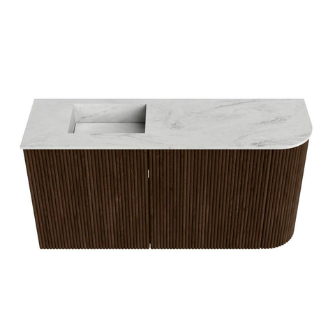 Mondiaz JOYA-DLUX Meuble de salle de bains - 81,6cm - arrondi droit couleur Noyer - Vasque FAYE position Gauche 1 trou de robinet couleur Opalo SW1422550