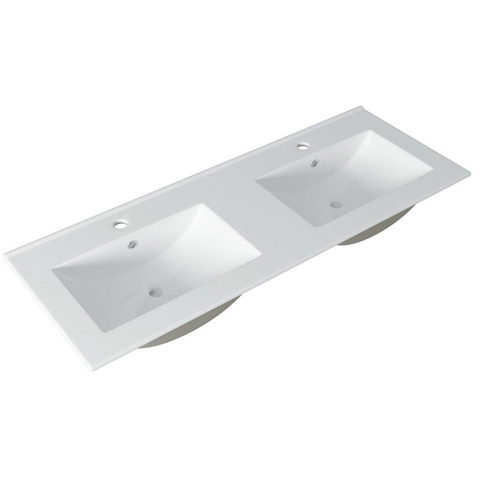 Saniclass Chaci Badkamermeubelset - 120x46x55cm - keramische wastafel wit - 2 wasbakken - 2 kraangaten - 2 lades - mat cotton (beige) SHOWROOMMODEL SHOW26789