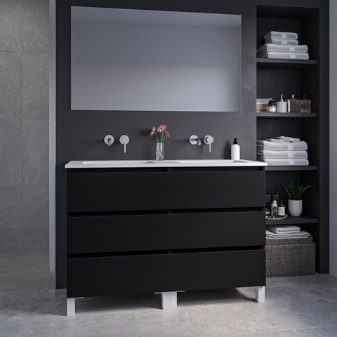 Saniclass Chaci PLUS Meuble de salle de bain - 120x86x46cm - lavabo en céramique blanc - 2 vasques - sans trous de robinet - 6 tiroirs - miroir rectangulaire - noir mat SW1027216