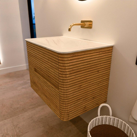 Mondiaz CIRO-DLUX Badkamermeubelset - 70x45x50cm - Solid surface wastafel Opalo - 1 wasbak Midden - zonder kraangaten - 2 lades - Oak SW1530992