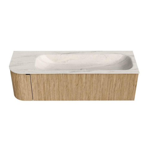 MONDIAZ KURVE-DLUX 145cm badmeubel ronding Links kleur Oak met 1 lade en 1 deur. Wastafel BIG LARGE Rechts 2 kraangaten Meli. SW1431624