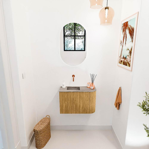 Mondiaz JOYA-DLUX 61.6cm toiletmeubel - ronding rechts kleur Oak - Wastafel FAYE positie Links Zonder kraangat kleur Oza. SW1424126