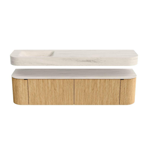 MONDIAZ THOR-DLUX 180cm meuble de salle de bains arrondi gauche + droite couleur Oak avec 2 tiroirs et 2 portes. Vasque suspendue CLOUD Gauche 1 trou de robinet couleur Meli. SW1466165