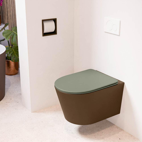 Mondiaz LAVIE hangtoilet – spoelrandloos – 36 x 53 cm – met softclose zitting – Rust (bruin), zitting Army (groen) SW1208577