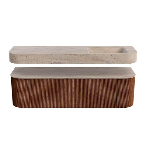 MONDIAZ THOR-DLUX 160cm meuble de salle de bains arrondi gauche + droite couleur Ruby avec 1 tiroir et 2 portes. Vasque suspendue CLOUD Droite 1 trou de robinet couleur Saba. SW1465357