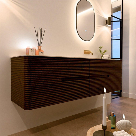 Mondiaz CIRO-DLUX Meuble de salle de bains - 170x45x50cm - vasque solid surface Nata - 1 lavabo à droite - sans trous de robinet - 4 tiroirs - Noyer SW1530619