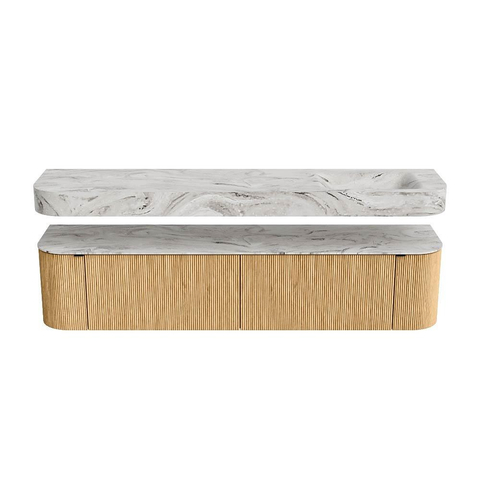 MONDIAZ THOR-DLUX 200cm meuble de salle de bains arrondi gauche + droite couleur Oak avec 2 tiroirs et 2 portes. Vasque suspendue CLOUD droite sans trou de robinet couleur Glace. SW1466935