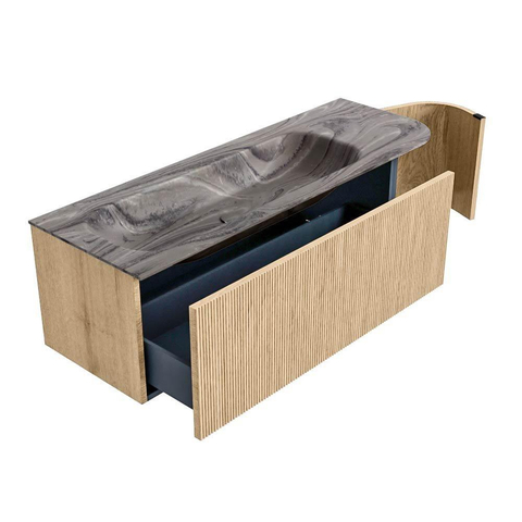 MONDIAZ KURVE-DLUX 135cm badmeubel ronding Rechts kleur Oak met 1 lade en 1 deur. Wastafel BIG MEDIUM Links 1 kraangat Sombra. SW1433563