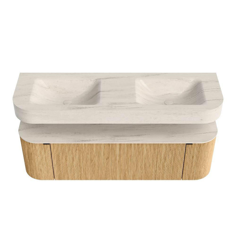MONDIAZ THOR-DLUX 150cm meuble de salle de bains arrondi gauche + droite couleur Oak avec 1 tiroir et 2 portes. Vasque suspendue CLOUD Double sans trou de robinet couleur Meli. SW1464762