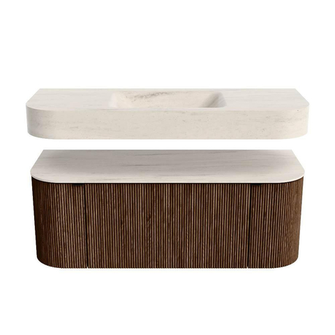 MONDIAZ THOR-DLUX Meuble de salle de bains - 120cm - arrondi gauche + droite - couleur Walnut - 1 tiroir - 2 portes - Vasque suspendue CLOUD centrale 1 trou de robinet - couleur Meli SW1463313