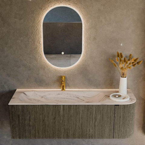 MONDIAZ KURVE-DLUX Meuble de salle de bains 135cm arrondi à droite couleur Shadow avec 1 tiroir et 1 porte. Lavabo BIG MEDIUM gauche 1 trou de robinet Nata. SW1432293