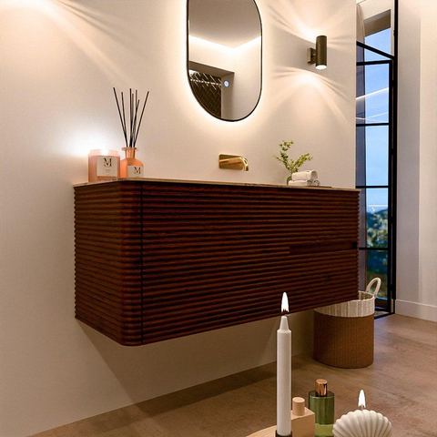 Mondiaz CIRO-DLUX Meuble de salle de bains - 120x45x50cm - Plan vasque solid surface Arena - 1 lavabo à droite - sans trous de robinetterie - 2 tiroirs - Ruby SW1531706