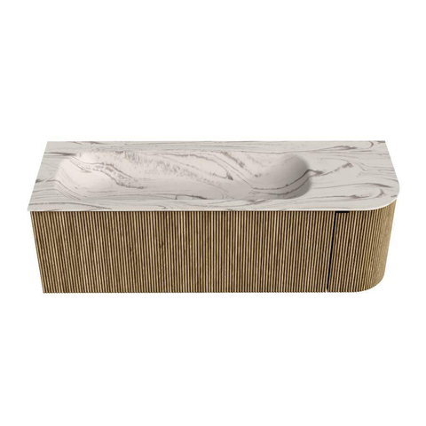 MONDIAZ KURVE-DLUX 135cm badmeubel ronding Rechts kleur Dusk met 1 lade en 1 deur. Wastafel BIG MEDIUM Links 1 kraangat Nata. SW1432395