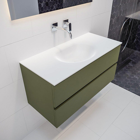 ENSEMBLE DE MEUBLE MONDIAZ VICA - 100cm - 2 tiroirs - lavabo Moon central - 0 trous de robinet - solid surface army SW410071