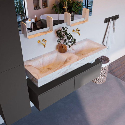 Mondiaz ALAN-DLUX Ensemble de meuble - 130cm - meuble Dark grey mat - 2 tiroirs - Lavabo Cloud Frappe suspendu - vasque Gauche et droite - 0 trous de robinet SW804946